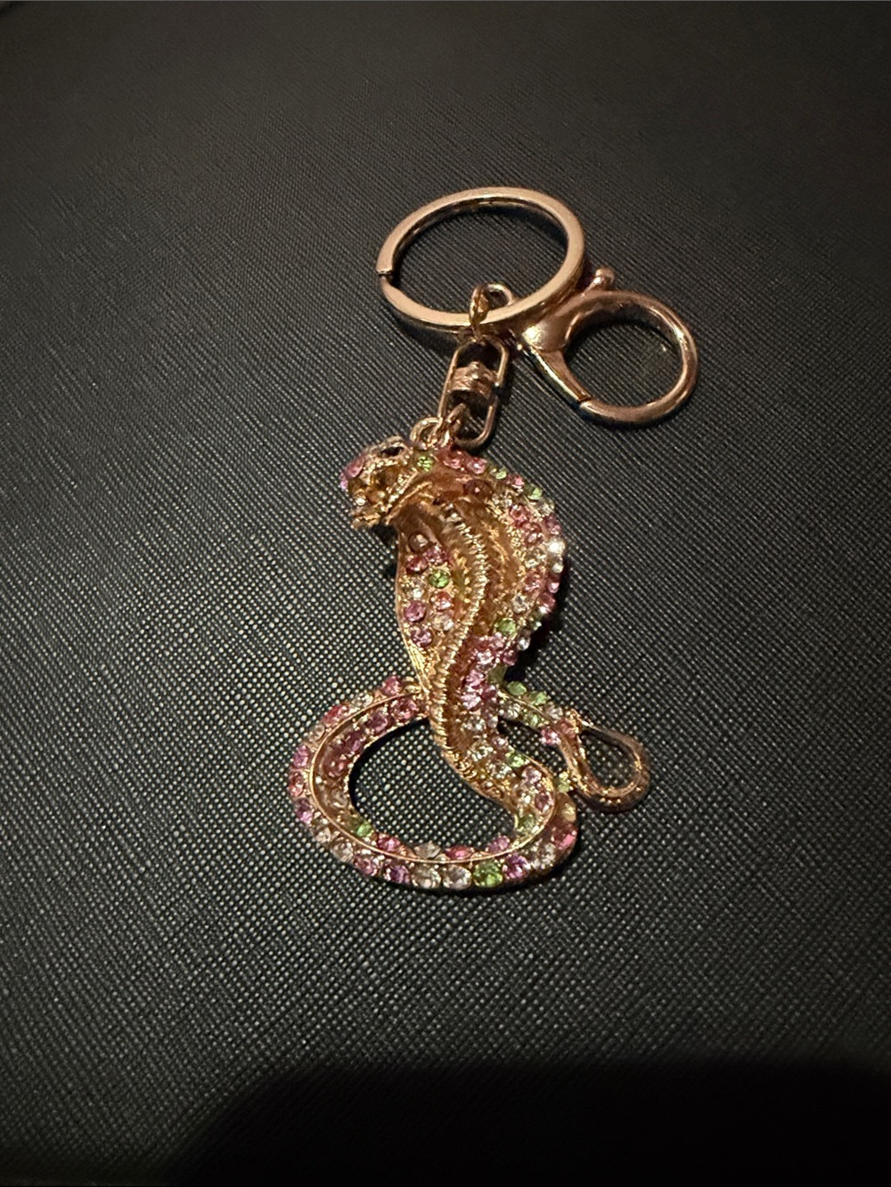 Gold-tone Crystal Cobra Keychain with Pink & Green Rhinestones